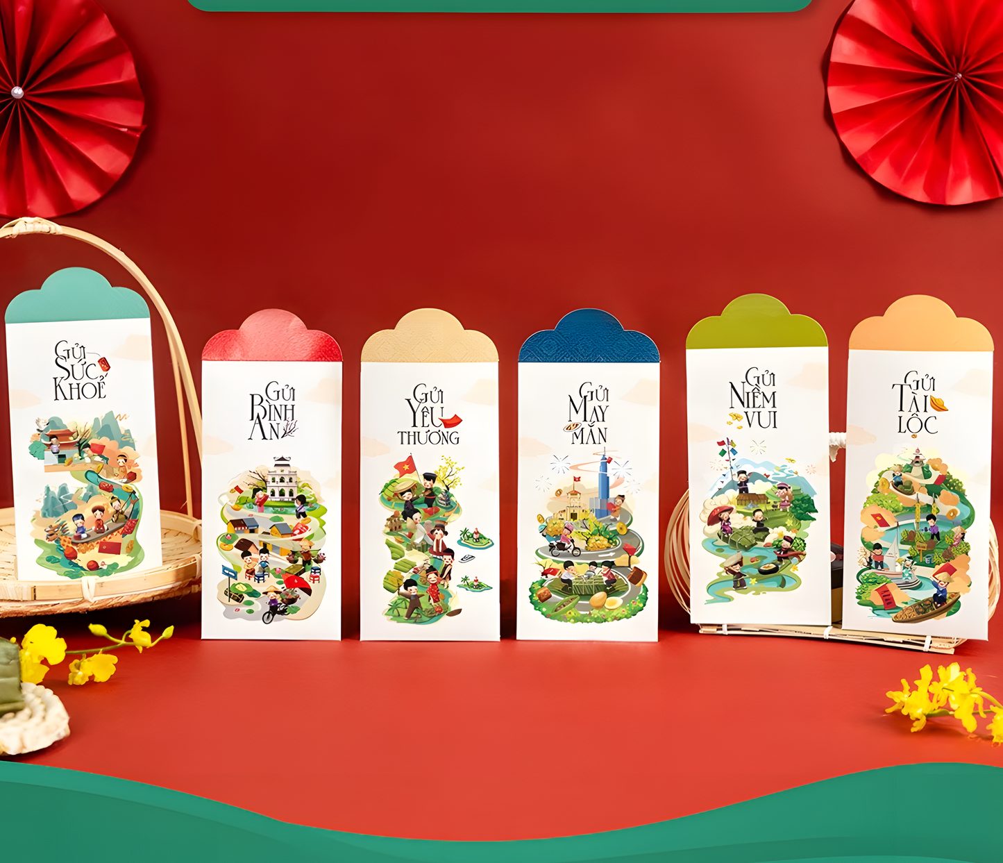 Bao Lì Xì Tết Vẽ Tay Dân Gian Mix Mẫu(6 cái/xấp)